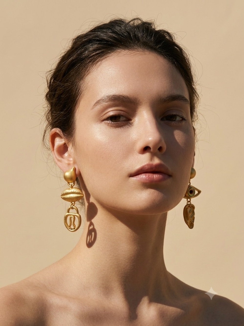 Gold Statement Drop Earrings - Sculptural Eye and Shell Design - Picture 2 of 3
